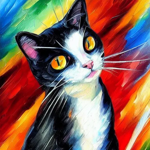 Prompt: portrait painting of a black and white cat wearing a red dress by Leonid Afremov