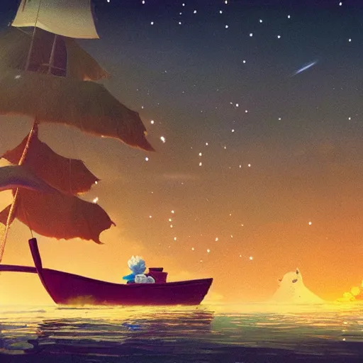 Prompt: a wholesome animation key shot of a cat on a boat close to the shore in the night, medium shot, studio ghibli, pixar and disney animation, sharp, rendered in unreal engine 5, anime key art by greg rutkowski, bloom, dramatic lighting