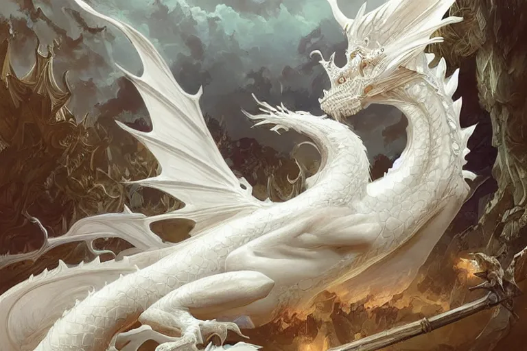 Image similar to a beautiful white dragon, D&D, fantasy, intricate, elegant, highly detailed, digital painting, artstation, concept art, smooth, sharp focus, illustration, art by artgerm and greg rutkowski and alphonse mucha