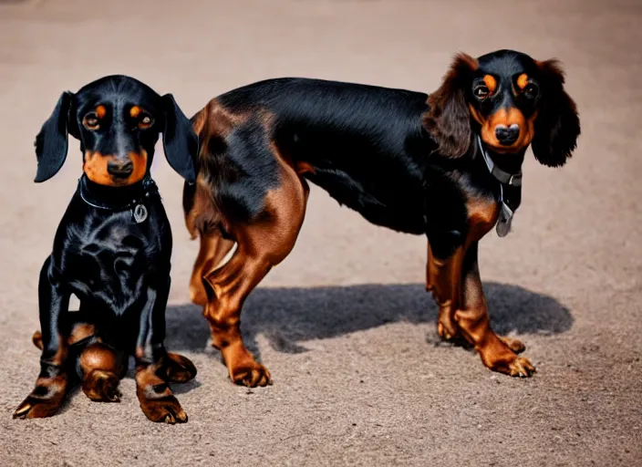Prompt: a short - haired brown dachshund and an all black cavalier king charles, 5 0 mm