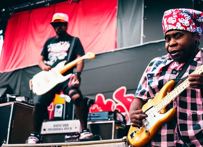 Prompt: photo still of aunt jemima at vans warped tour!!!!!!!! at age 3 5 years old 3 5 years of age!!!!!!! on stage slappin bass guitar, 8 k, 8 5 mm f 1. 8, studio lighting, rim light, right side key light