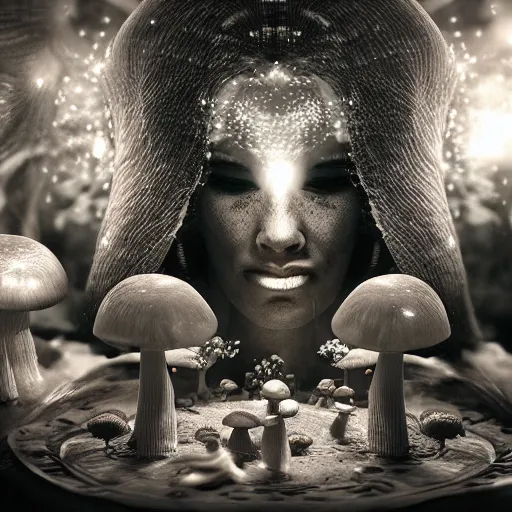 Prompt: mushroom goddess with group of elders in a ceremony for plant medicine, beautiful, hiroya oku, yoshitaka amano, chris cunningham, black and white, beautiful lighting, cinematic still, quantum gravity 3 d render, 8 k