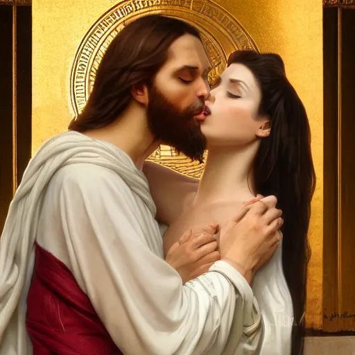 Image similar to jesus kissing a sensual woman in jerusalem, elegant, highly detailed, digital painting, artstation, concept art, matte, sharp focus, highly detailed, 4 k, hdr, smooth, sharp focus, high resolution, award - winning photo, photorealistic, art by artgerm and greg rutkowski and alphonse mucha, large shot