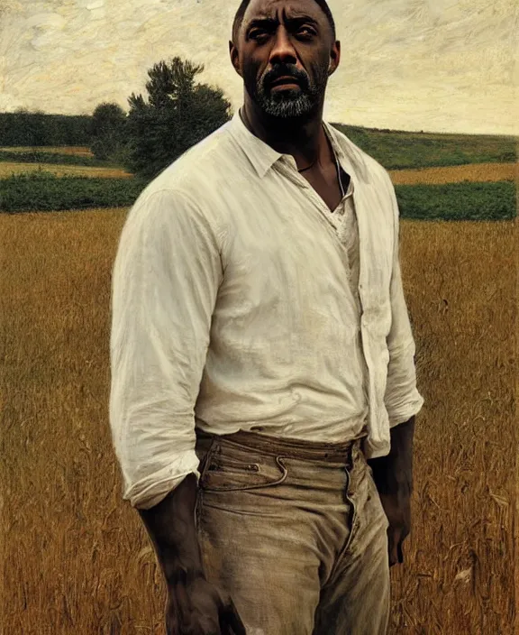 Image similar to portrait of idris elba as a kansas farmer, art by denys tsiperko and bogdan rezunenko and thomas eakins, hyperrealism