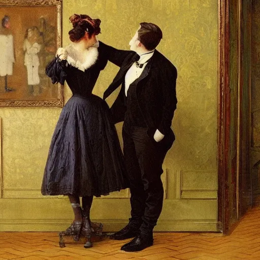 Image similar to young victorian man and woman solving an escape room riddle, painted by alfred stevens