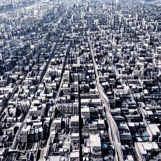 Image similar to airborne view apocalyptic city, buildings covered in shiny black liquid