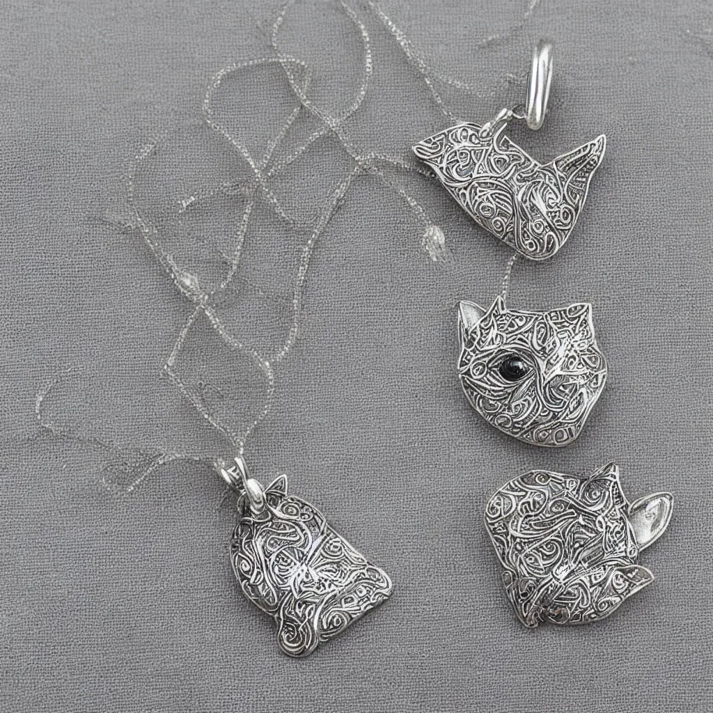 Image similar to Silver embroidered amulet, realistic, clean, cat,