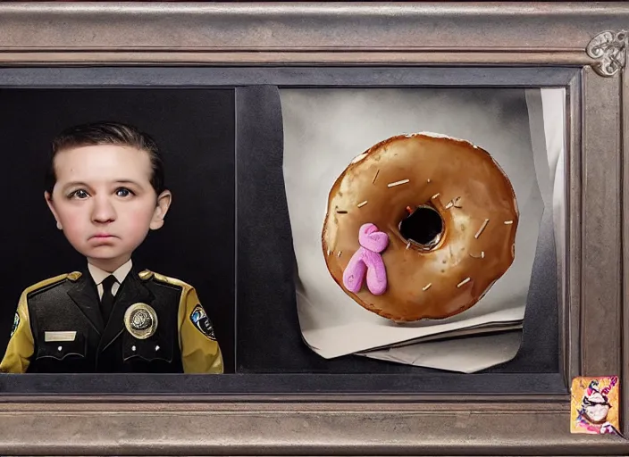 Image similar to a donut dressed like a police officer, lowbrow, matte painting, 3 - d highly detailed, in the style of mark ryden,