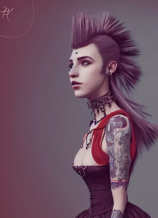 Image similar to a beautiful portrait of a beautiful girl with piercings in a collar with a mohawk hairstyle in a medieval dress, behance hd, oliver mark, global illumination, detailed and intricate environment