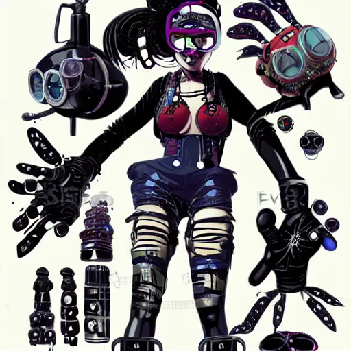 Prompt: a cybergoth woman wearing goggles and eccentric jewelry by jamie hewlett :: full body character concept art, detailed