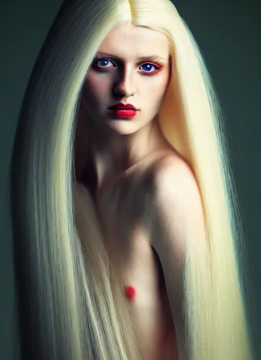 Prompt: kodak color plus 2 0 0 photo portrait of a beautiful woman with long blond hair dressed in long white, fine art photography light painting in style of paolo roversi, professional studio lighting, dark red background, hyper realistic photography, fashion magazine style