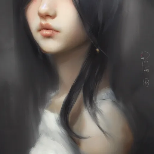 Image similar to a cute girl by ruan jia, 8 k, closeup headshot, smooth, trending on artstation, black long hair, black eyes, movie poster style