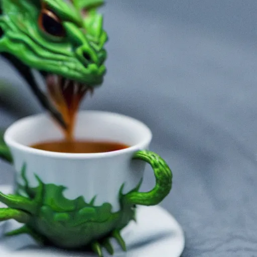 Image similar to a green dragon drinking a cup of tea