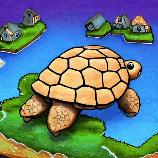 Image similar to a giant turtle with a tiny village on its back
