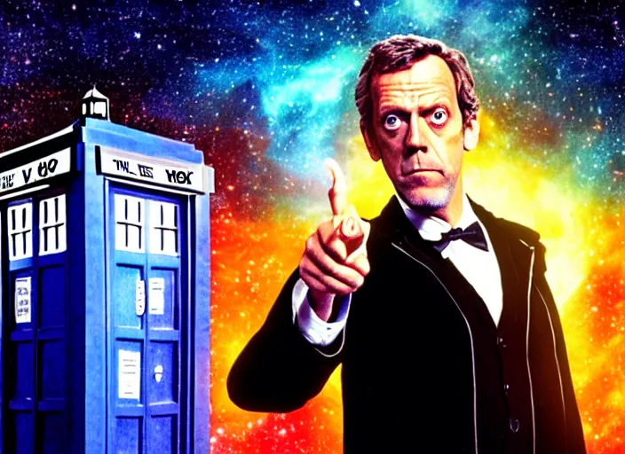 Image similar to product photo still of vhs cover of hugh laurie as doctor who in front of a nebula through the open door of the tardis on a vhs box