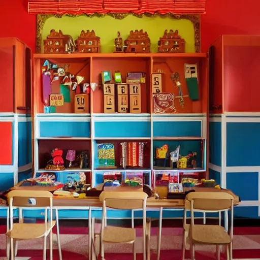 Image similar to a cool school reception, wes anderson style