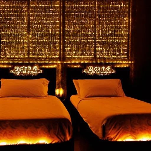 Image similar to two beds on a date in china, long shot, digital art, detailed, bokeh, depth of field, glows,