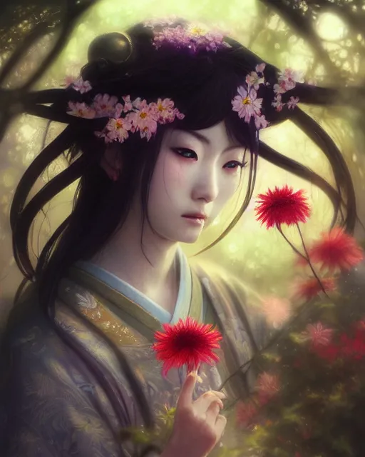 Image similar to japanese shrine maiden, perfect face, flowers, cinematic, highly detailed, psychedelic, digital painting, artstation, smooth, hard focus, illustration, art by jessica rossier and and brian froud