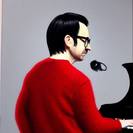 Image similar to An Oil Painting of the back view of Rivers Cuomo in a sweater with long hair and a mustache masterfully playing the piano, hyperrealistic, extremely realistic, highly realistic, HD Quality, 4k resolution, 8k resolution, Detailed, Very Detailed, Highly Detailed, Extremely Detailed, Intricate Details, Real, Very Real, Oil Painting, Digital Painting, Painting, Trending on Deviantart, Trending on Artstation