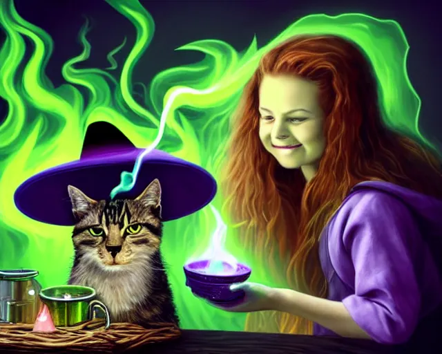 Prompt: close up portrait, happy teen witch and her cat mixing a spell in a cauldron, faint wispy green and purple smoke fills the air, a witch hat, cinematic, green glowing smoke is coming out of the cauldron, ingredients on the table, apothecary shelves in the background, scary stories to tell in the dark book cover, goosebumps