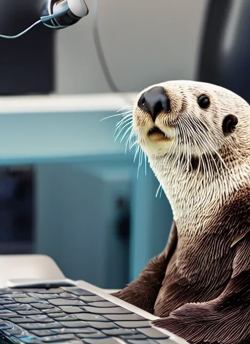 Image similar to cute sea otter wearing headphones sitting in front of a computer