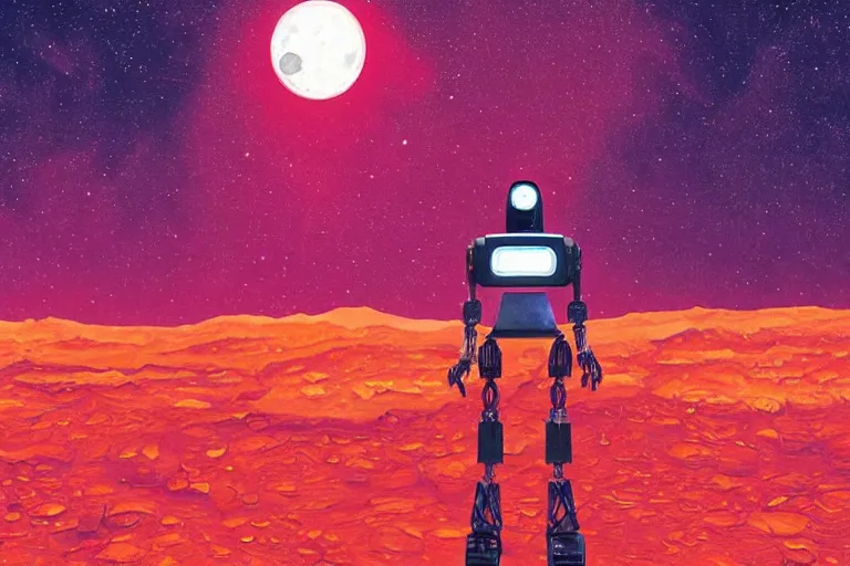 Image similar to a robot standing on mars in the style of flooko, acrylic art, detailed, moonlight, red lighting, bokeh, synthwave, psychedelic, glitch, neon,