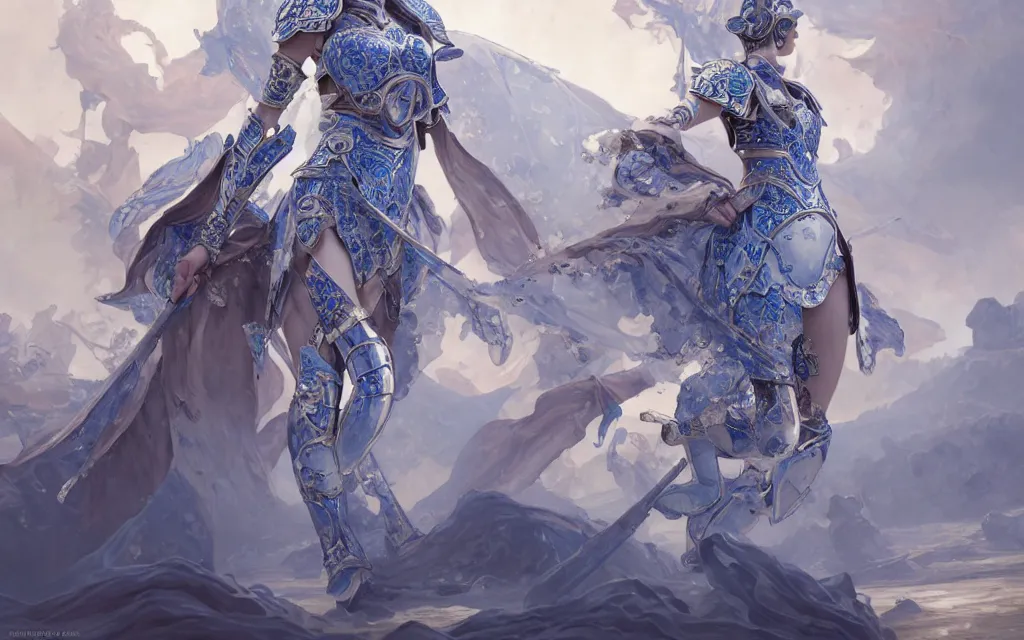 Image similar to knights of zodiac girl, chinese blue and white porcelain reflected armor, fight cinematic shot, in ruined agora of athens, ssci - fi and fantasy, intricate and very very beautiful and elegant, highly detailed, digital painting, artstation, concept art, smooth and sharp focus, illustration, art by tian zi and wlop and alphonse mucha