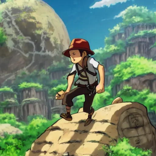 Prompt: Indiana Jones running away from boulder trap, boulder chase, stone temple background, giant round stone chasing Indian Jones, raiders of the lost ark, made in abyss anime style