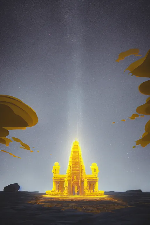 Prompt: yellow glowing ancient temple, black sand, star trails, dramatic lighting, artstation, matte painting, filip hodas, ralph mcquarrie