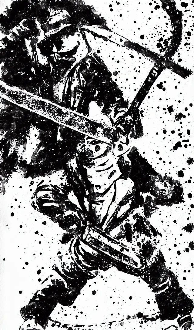 Image similar to sole samurai wielding a chainsaw, black and white watercolor, movie poster