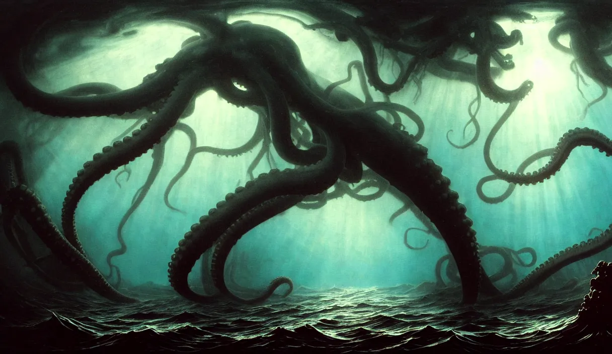 Prompt: low ultrawide shot, dark, underwater under sea submerged pre giant kraken octopus, abyss, stylized, anime style mixed with fujifilm, detailed gouache paintings, crepuscular rays, dark, murky, foggy, atmospheric, nicola samori, albert bierstadt, frederic edwin church, beksinski, wayne barlowe's inferno