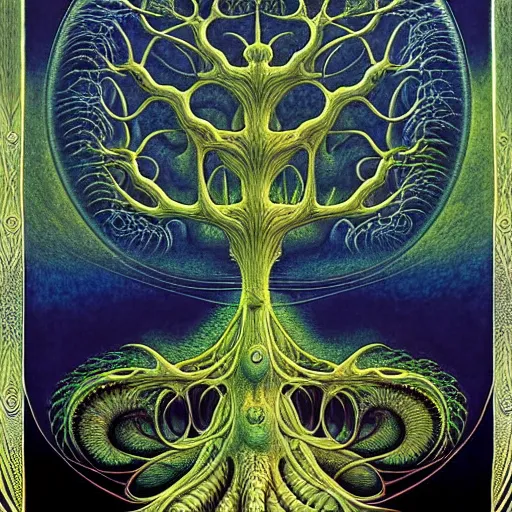 Image similar to tree of life by roger dean and andrew ferez, art forms of nature by ernst haeckel, divine chaos engine, symbolist, visionary, art nouveau, botanical fractal structures, lightning, surreality, lichtenberg figure, daniel merriam