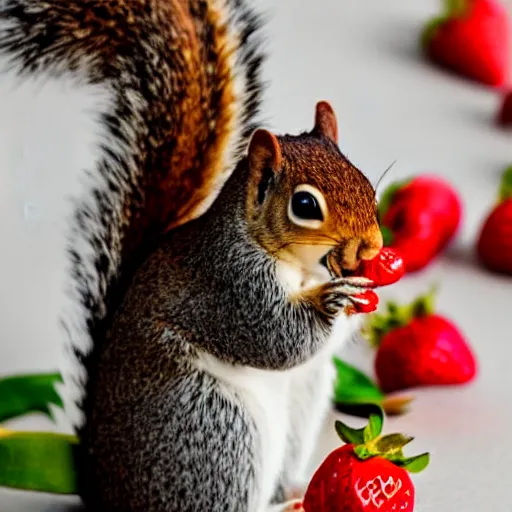 Prompt: fashion photography close - up photograph of a cute squirrel eating strawberries, studio lighting