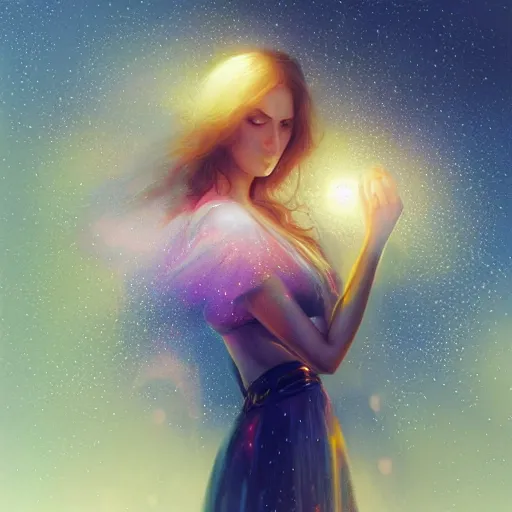 Image similar to beautiful uncertainty, sharp focus, intricate, elegant, digital painting, artstation, matte, highly detailed, concept art, illustration, volumetric lighting, gold and blue and pink color scheme, bokeh light, art by greg olsen and liz lemon swindle