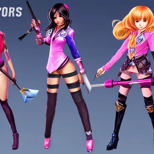 Image similar to black pink girl band as mobile legends heroes, character design, 8 k, high definition, highly detailed, photo - realistic