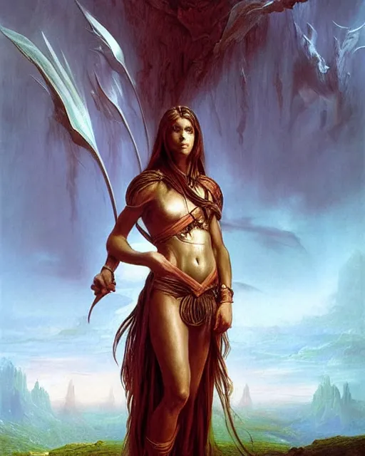 Image similar to beautiful female warrior, long flowing hair, standing in a fantasy environment, realistic oil painting by Thomas Cole and Wayne Barlowe