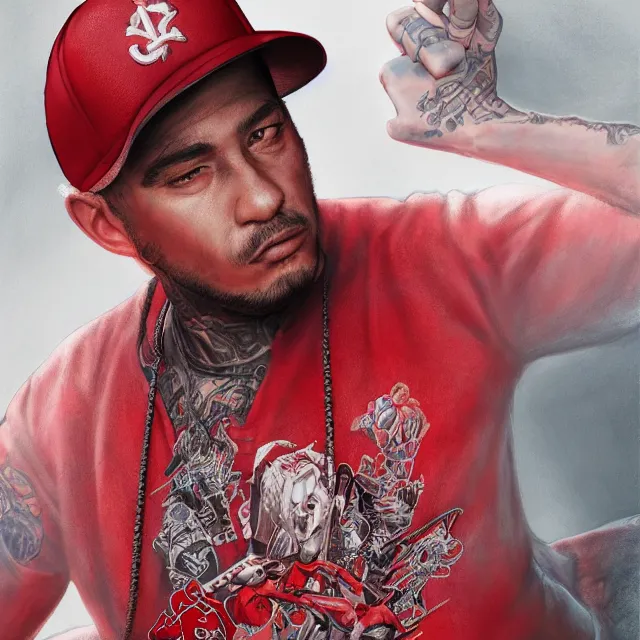 Prompt: the portrait of a los angeles blood's gang member wearing a red baseball cap, an ultrafine hyperdetailed illustration by kim jung gi, irakli nadar, intricate linework, bright colors, final fantasy, unreal engine 5 highly rendered, global illumination, radiant light, detailed and intricate environment
