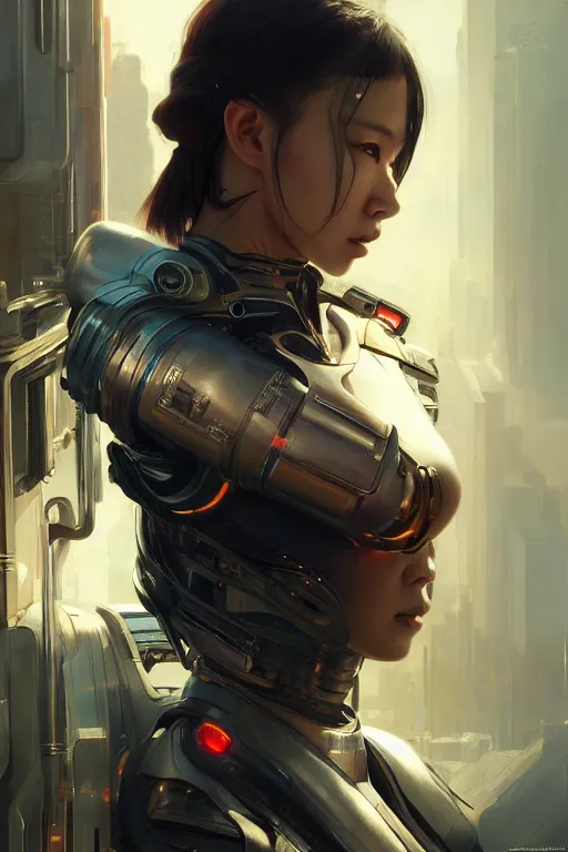 Image similar to Photorealistic illustration, Korean cyborg woman, cyberpunk 2077, sci-fi, futuristic, intricate, elegant, highly detailed, digital painting, artstation, concept art, smooth, sharp focus, art by artgerm, greg rutkowski and alphonse mucha