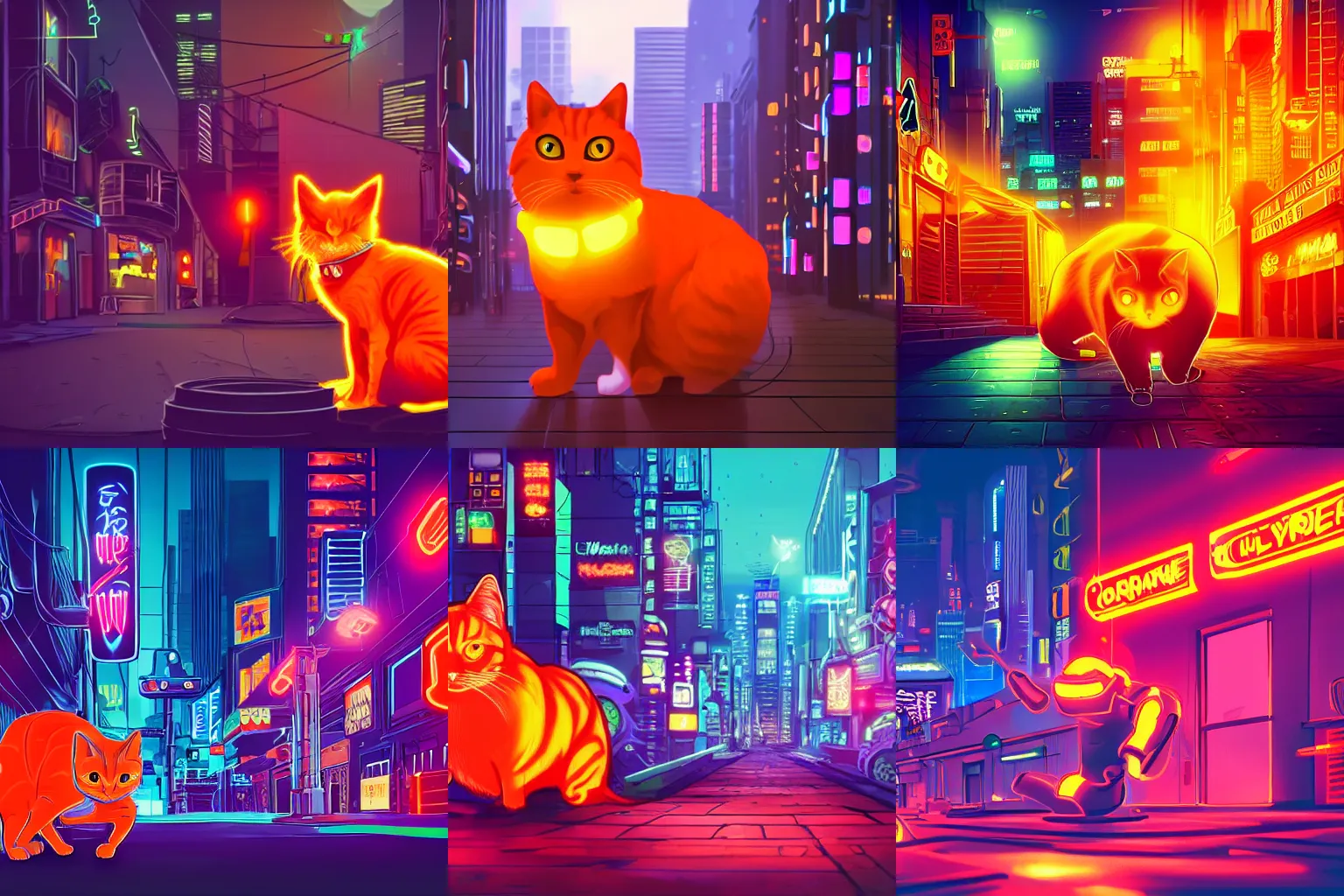 Prompt: photorealistic orange cat in the dark cyberpunk city full of robots, with a lot of colorful neon lightings, high detailed