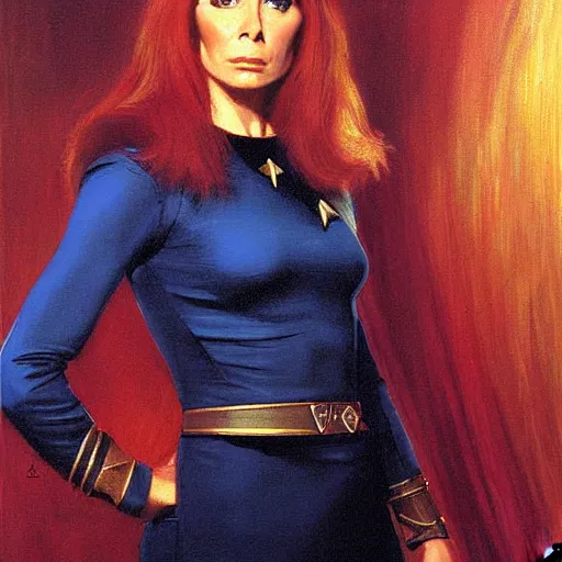 Prompt: a portrait of dr crusher, star trek the next generation. highly detailed painting by gaston bussiere, craig mullins, j. c. leyendecker, furry