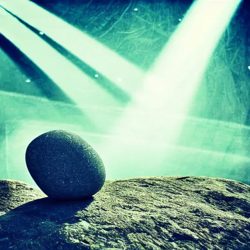 Image similar to a soulful concert as a small cute adorable pebble rock stone sings a lullaby before the heat death of the universe, wide shot, landscape, god rays, spot light, cinematic lighting, celestial, animism, so nice, so nice