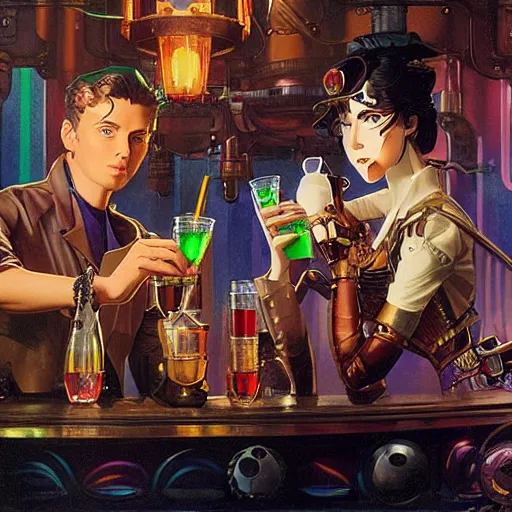 Prompt: a female and a male cyborg with magic glowing multicolored eyes and a steampunk diadem drinking a multicolored magic drink in a bar, highly detailed painting by studio ghibli and carravagio, leyendecker, craig mullins, nice lighting, smooth tiny details, soft and clear shadows, high contrast, perfect