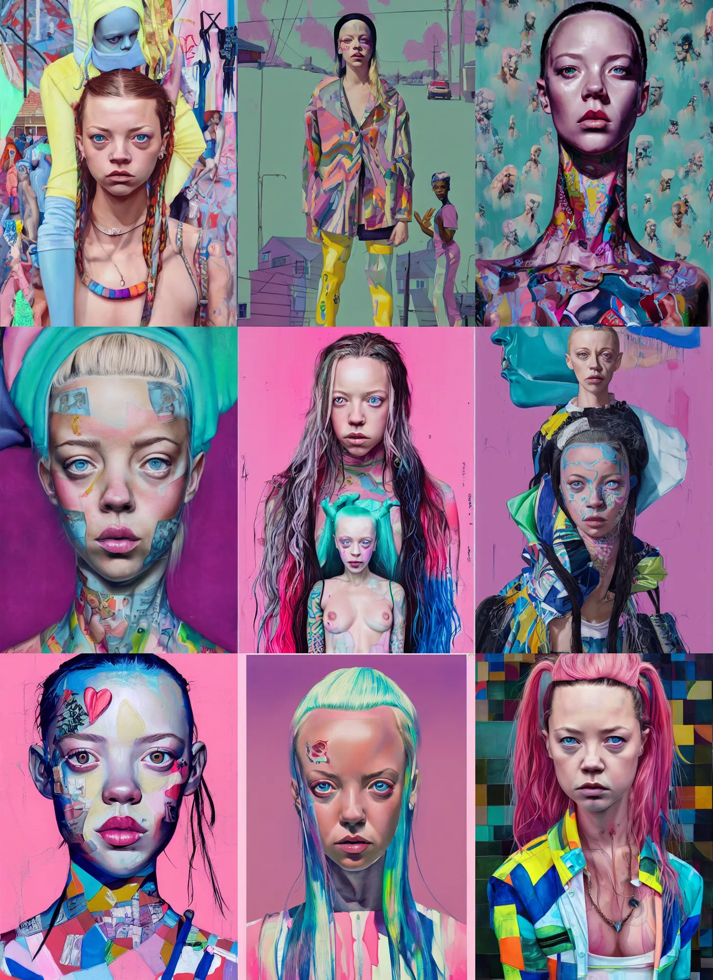 Prompt: still from music video of sydney sweeney from die antwoord standing in a township street, street fashion clothing,! haute couture!, full figure portrait painting by martine johanna, njideka akunyili crosby, rossdraws, pastel color palette, 2 4 mm lens