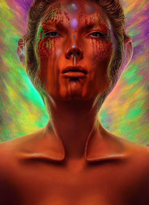 Image similar to side portrait ultra dimensional cult girl shaman, accidentally tripping on dmt and acid, psychedelic experience, ascending through the fifth dimension moving at the speed of light and sitting still, ultra high definition, unreal engine 5, hyperrealism, masterpiece composition, by peter kemp, casey weldon, barclay shaw