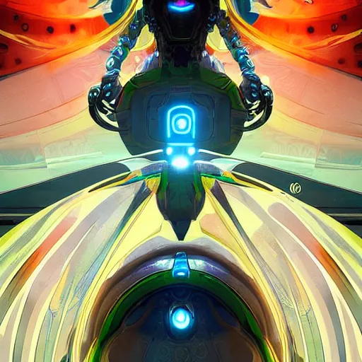 Image similar to symmetry! abstract futuristic robotic, psychedelic fractal looming background, apex legends, epic lighting, illustration black outlining, ultra detailed, art by artgerm and greg rutkowski and alphonse mucha