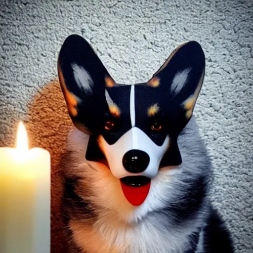 Prompt: gothic cathedral, finely detailed corgi wearing goth makeup, candles, smoke, glow