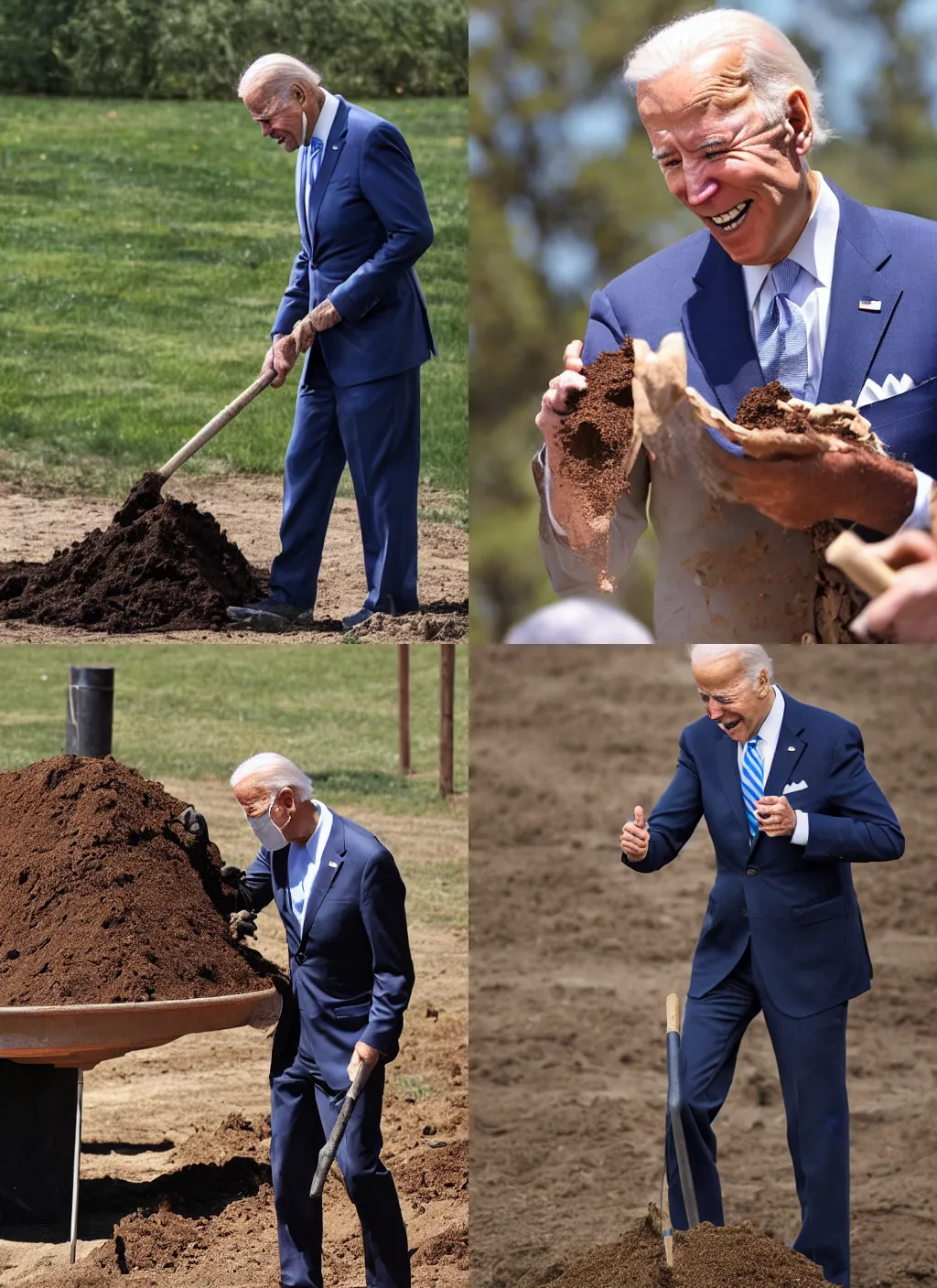 Prompt: joe biden eating a pile of dirt, gluttonously shovelling the dirt into his mouth