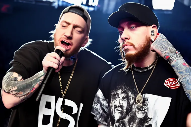 Prompt: eminem having a rap battle with post malone who is clearly winning and eminem is upset about it, hyper detailed, smooth, unreal engine, sharp focus, ray tracing