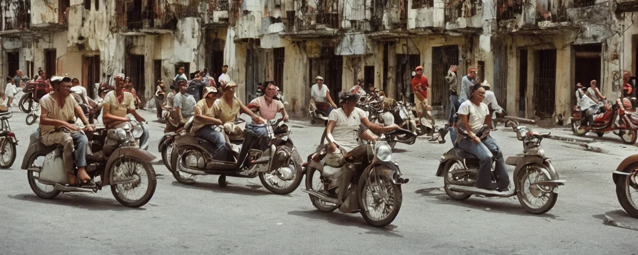 Prompt: a group of people in 1 9 5 0's cuba driving motorcycles made out of spaghetti, canon 5 0 mm, cinematic lighting, photography, retro, film, kodachrome