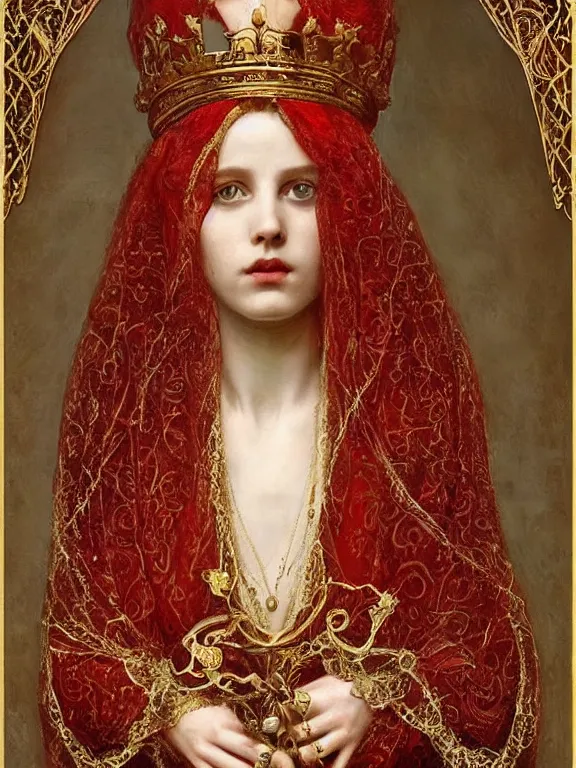 Image similar to a beautiful render of a catholic veiled red queen with symmetry intricate detailed ,heart sculpture,by Lawrence Alma-Tadema,aaron horkey,Billelis,trending on pinterest,hyperreal,jewelry,gold,intricate,maximalist,glittering,golden ratio,cinematic lighting